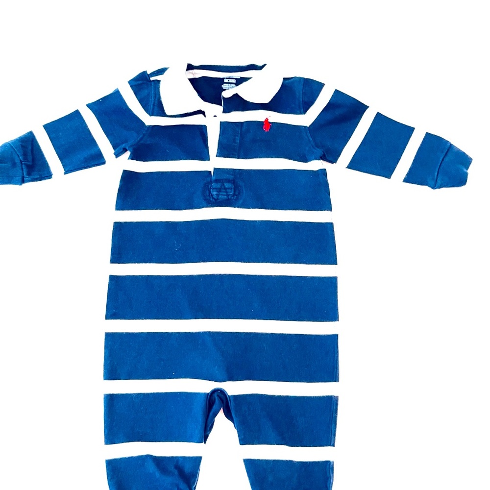 Baby Boy Polo Ralph Lauren Striped Cotton Rugby Coverall 6 months. Gently Used.
